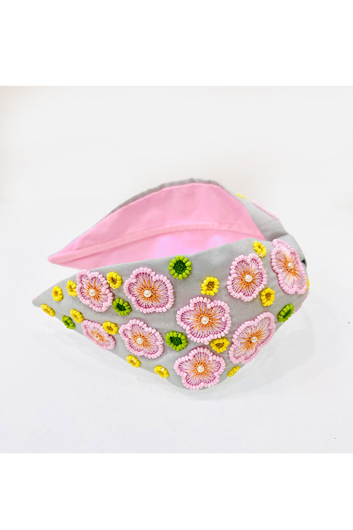 Grey And Pink Beaded Flower Embroidered Hairband