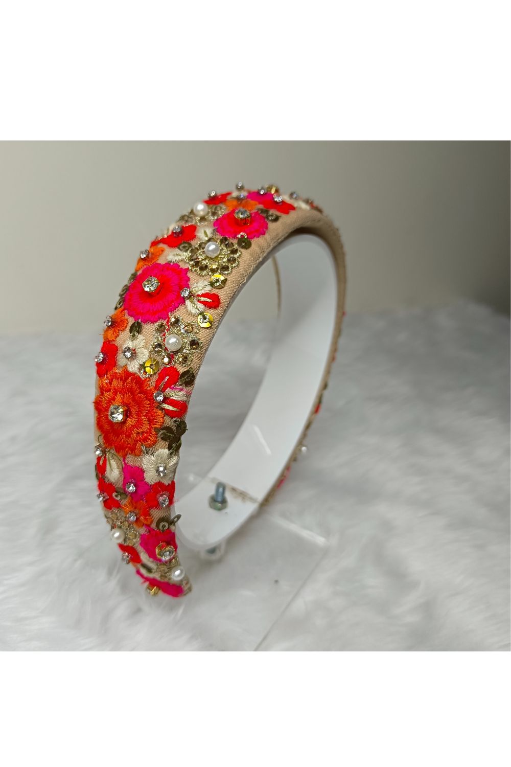 Beige Floral Embroidered Net Hairband