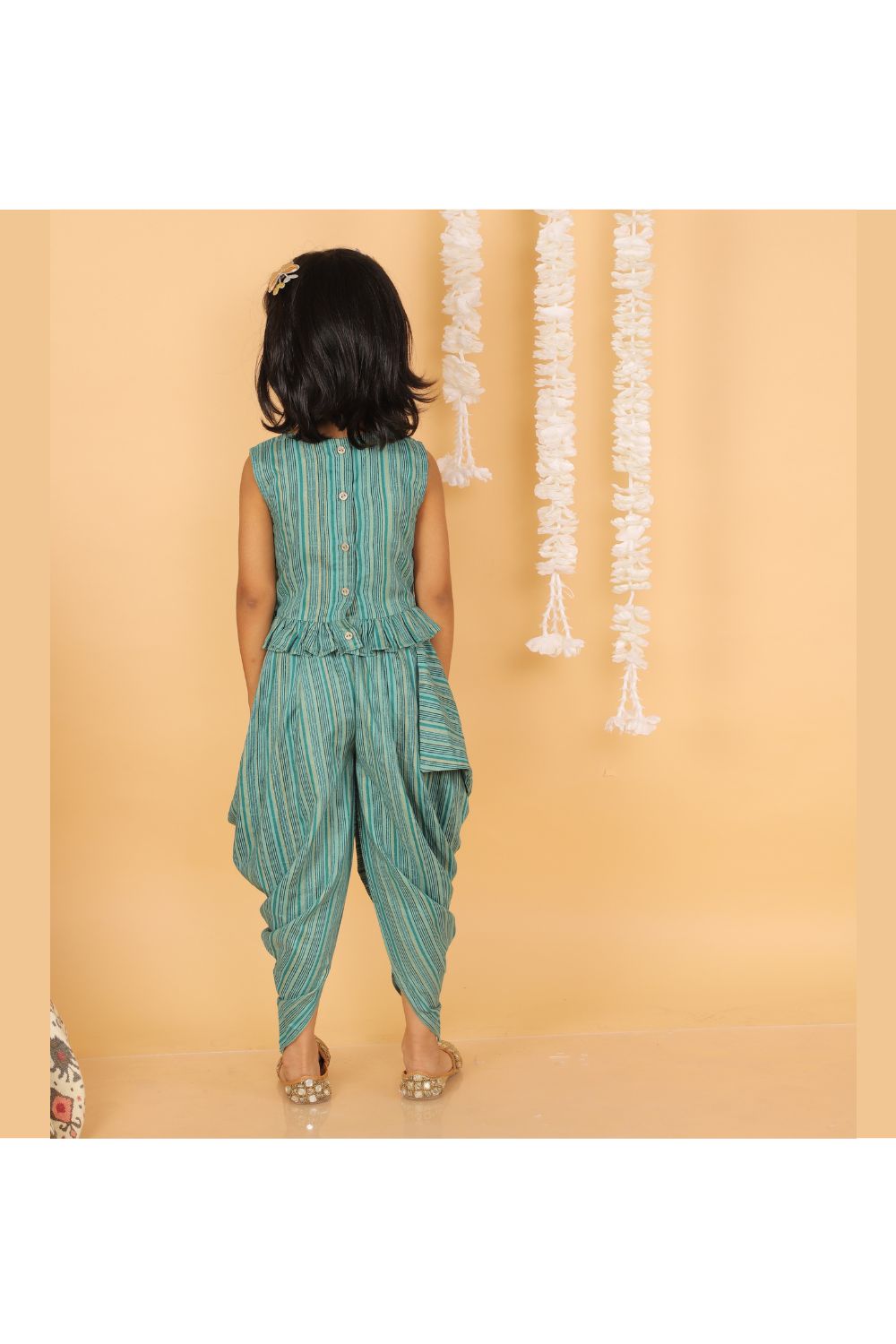 Sea Green Printed Sleeveless Top With Dhoti Set