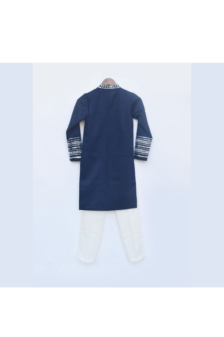 Blue Embroidered Silk Achkan With Pant Set