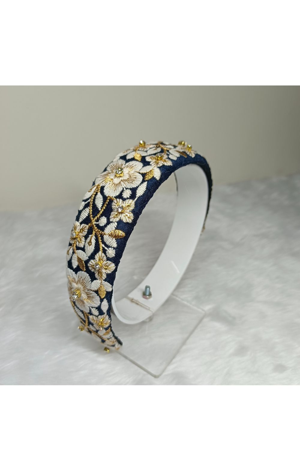 Navy Blue Embroidered Dupion Hairband
