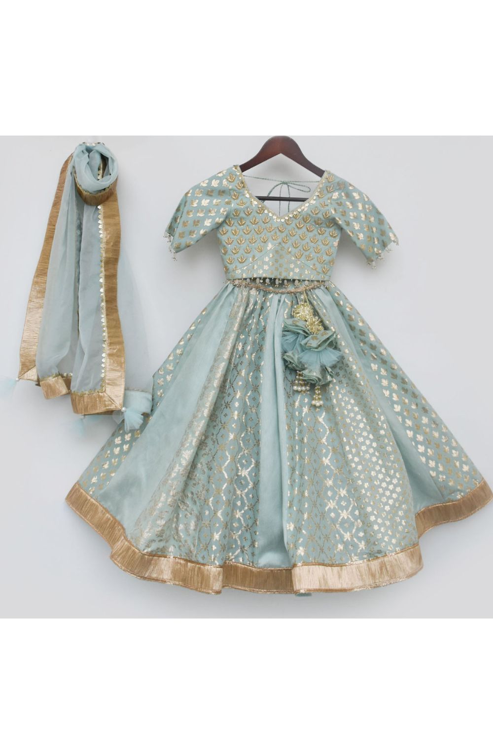 Blue Embroidered Chanderi Top With Lehenga Set