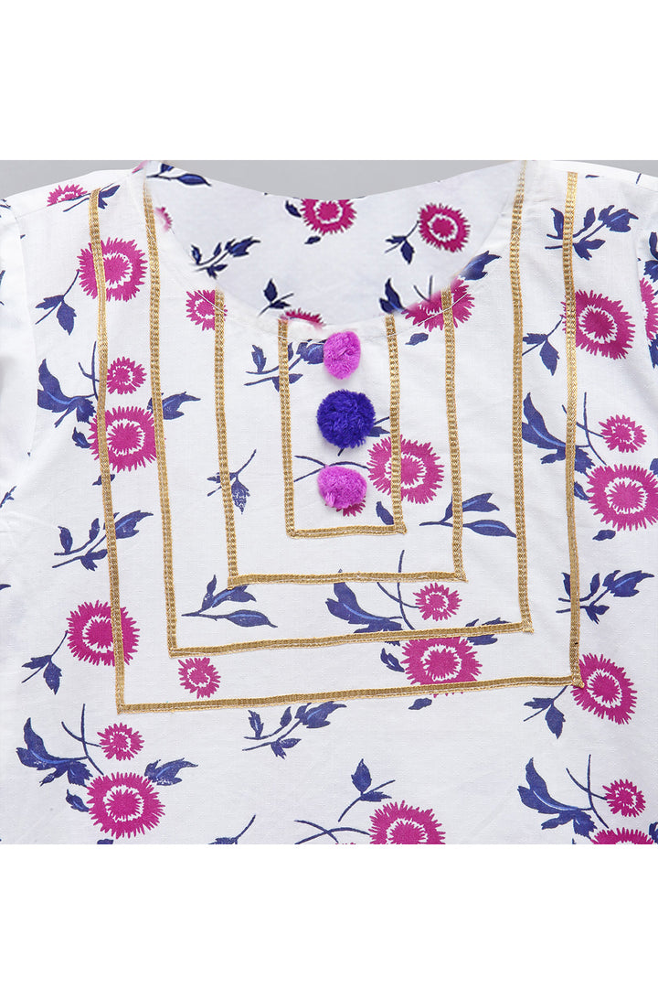 White Printed Kurta With Purple Sharara Set