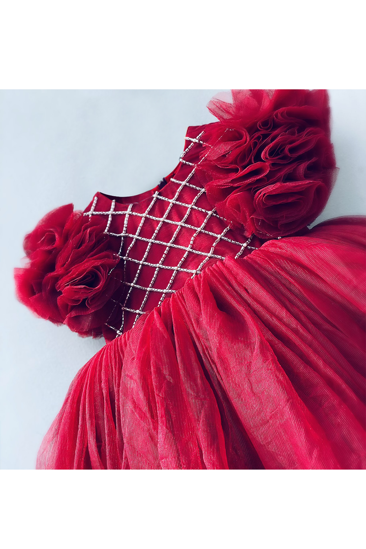 Red cut dana embroidered yoke with puffed sleeves dress