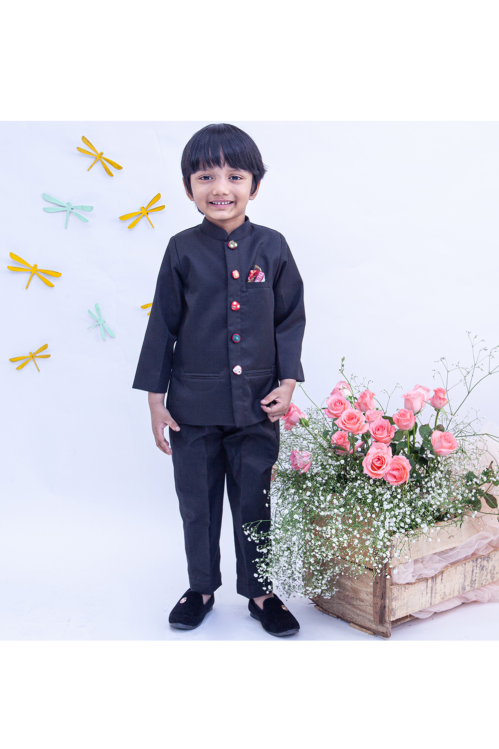 Black mirror embroidery buttons bandhgala with pants