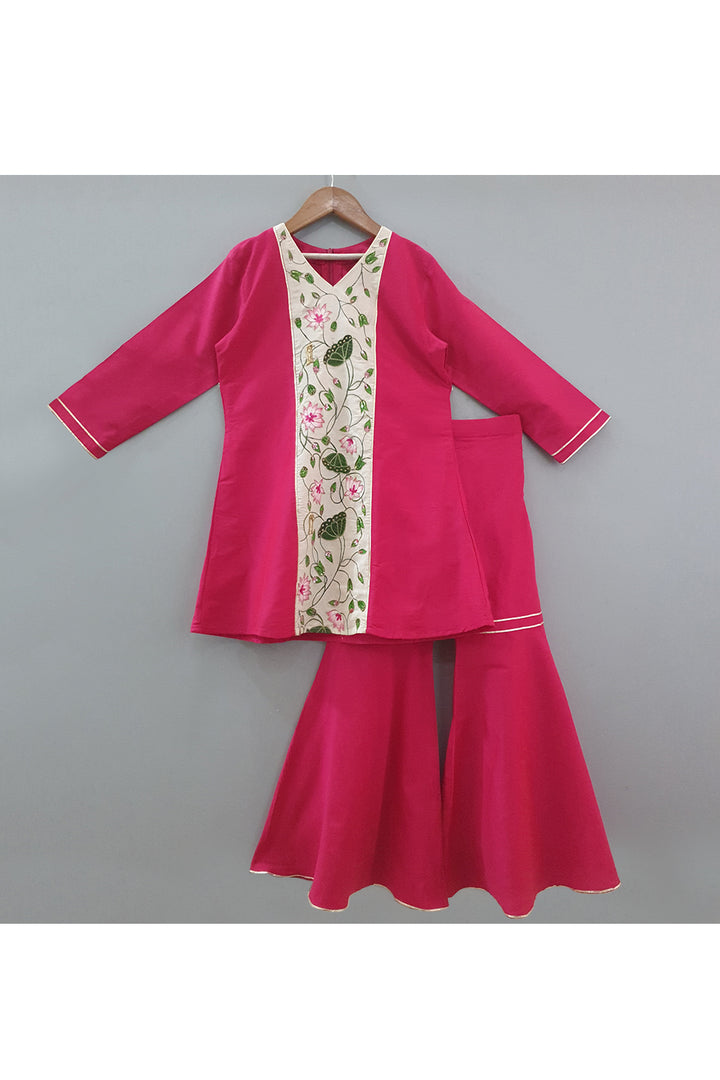 Fuchsia lotus hand painted kurta and sharara with dupatta