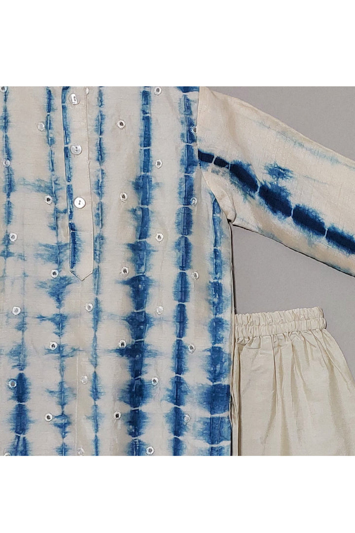 White And Blue Tie And Dye With Faux Mirror Detailing Kurta With Pyjama Set