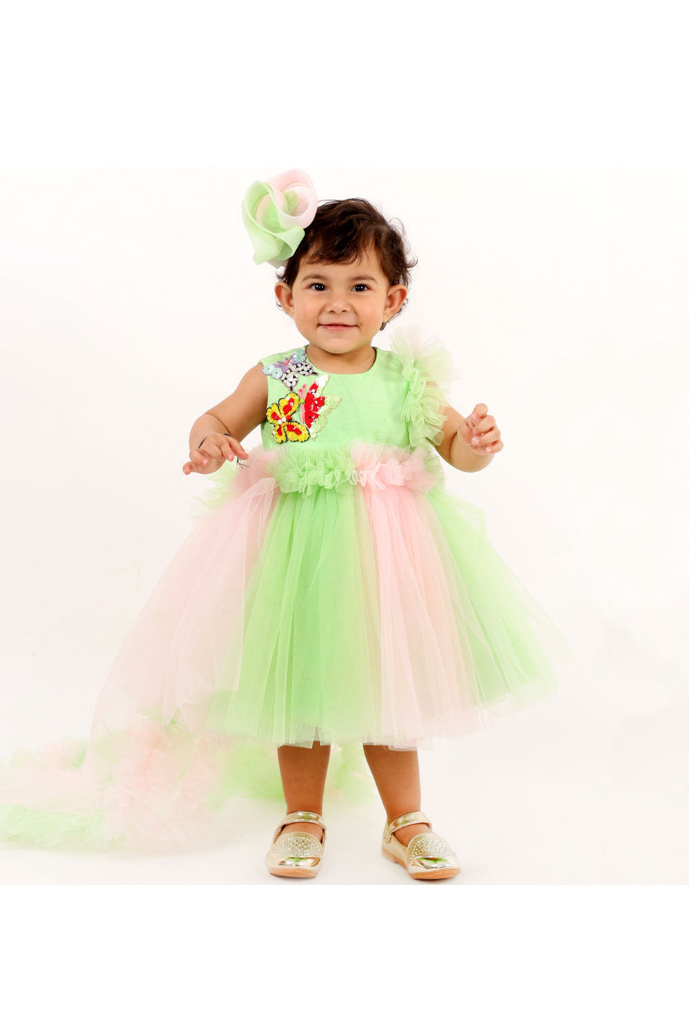 Green and pink butterfly dress with trail