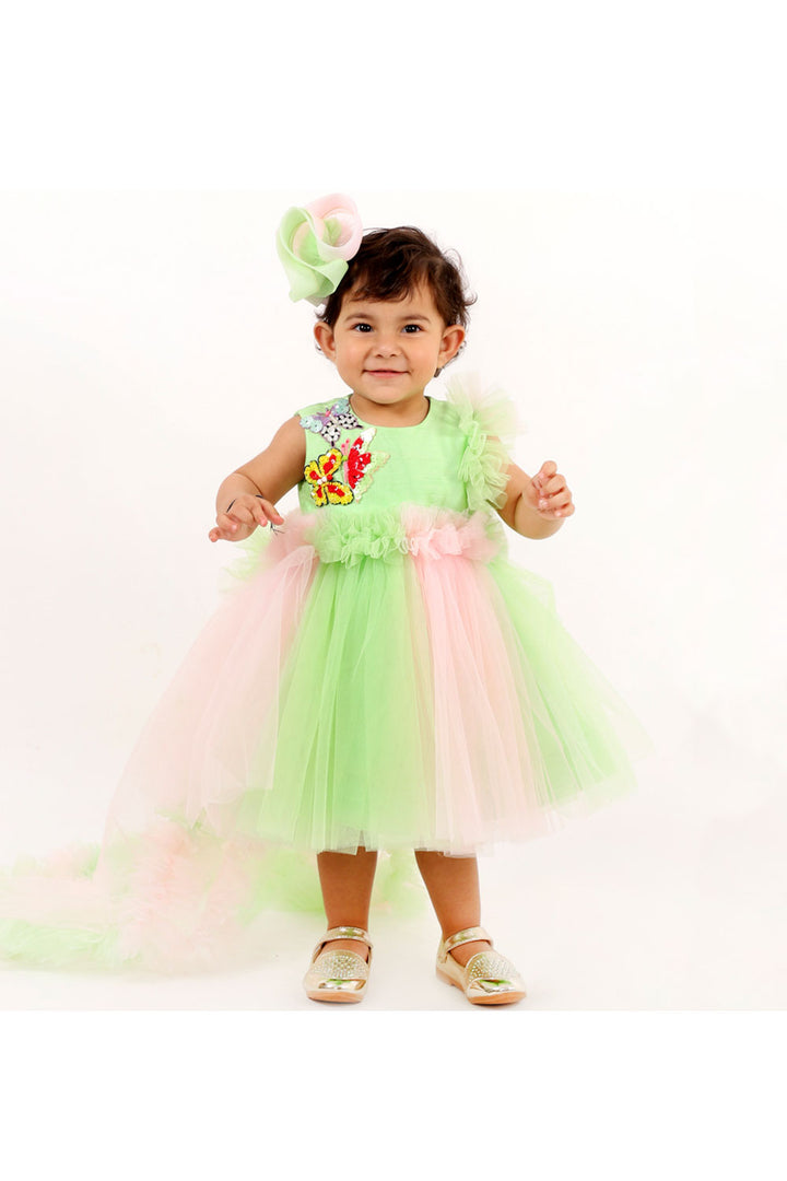 Green and pink butterfly dress with trail