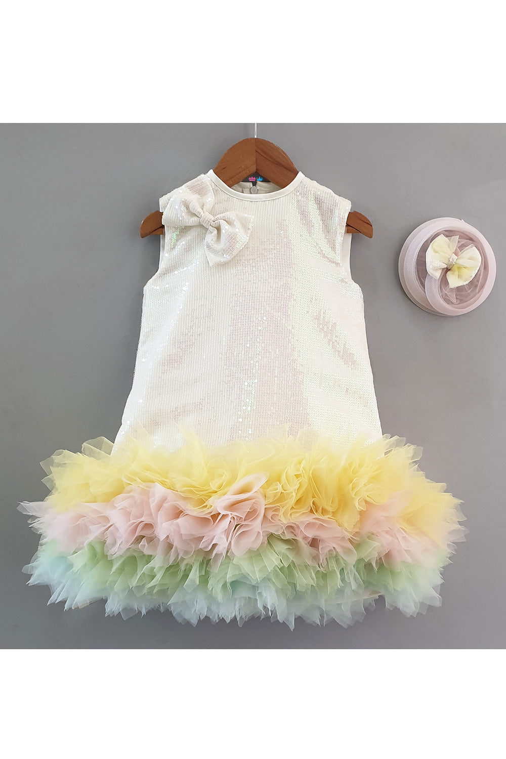 White Sequins Embroidered Bow Frill Dress