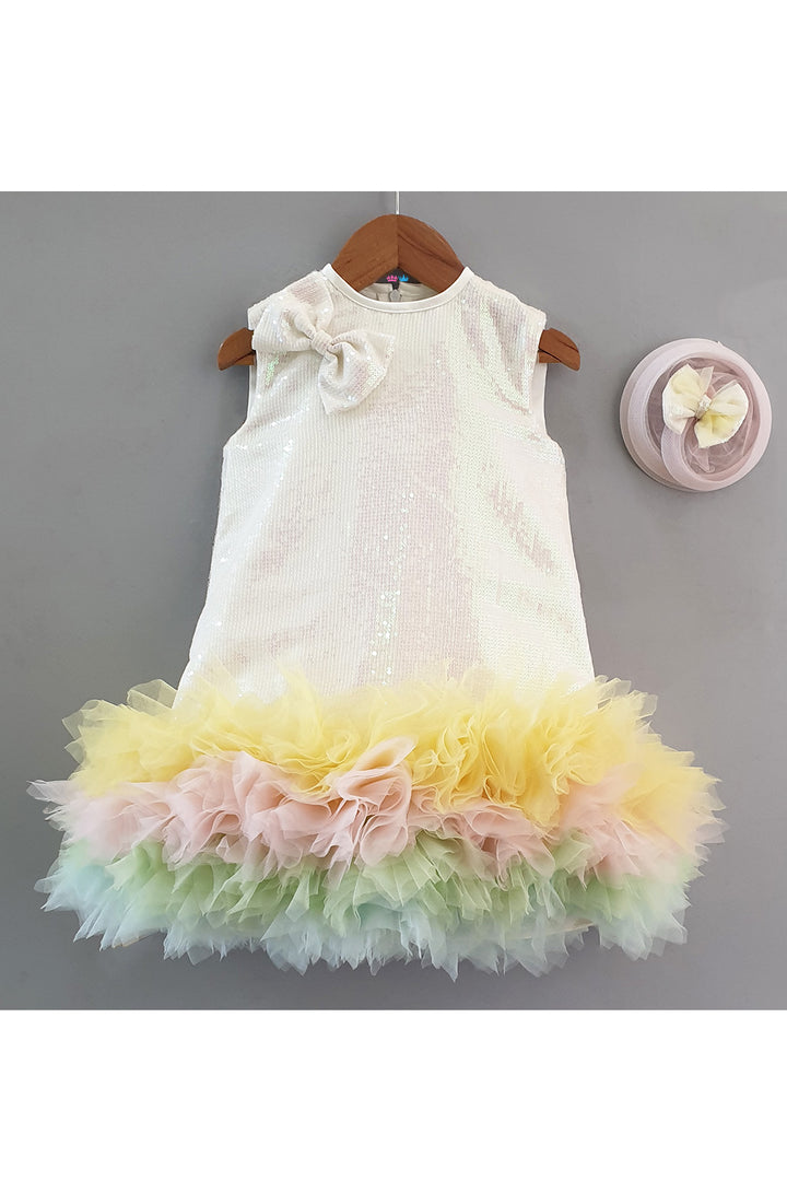 White Sequins Embroidered Bow Frill Dress