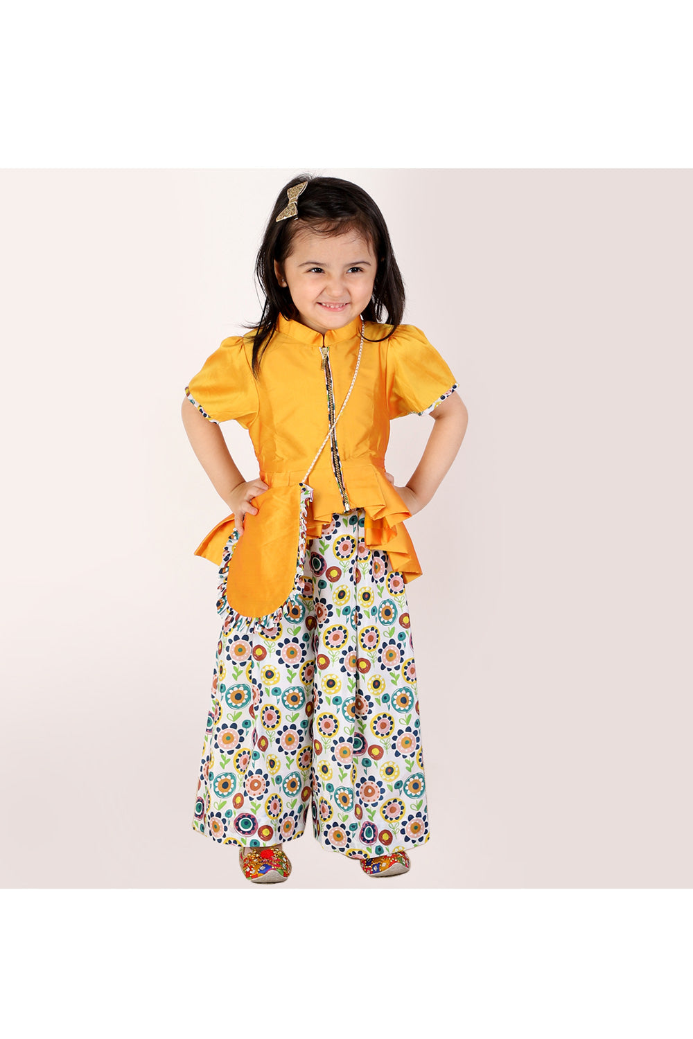 Yellow High Low Peplum Style Top And Printed Pant Set With Sling Bag
