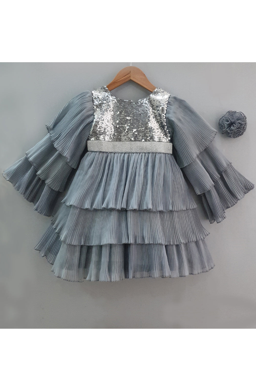 Grey Sequins Layered Dress With Hair Clip