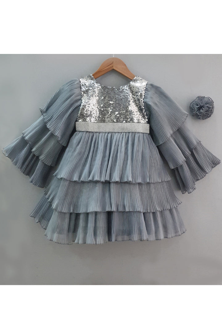 Grey Sequins Layered Dress With Hair Clip