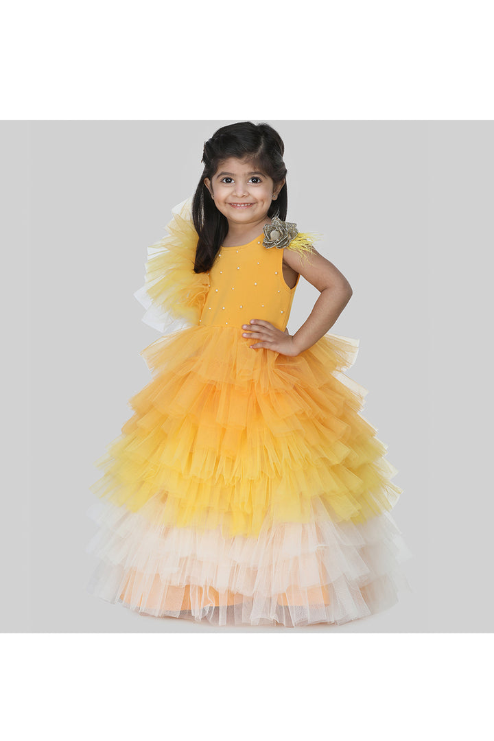 Mustard yellow pearl embellished frill gown