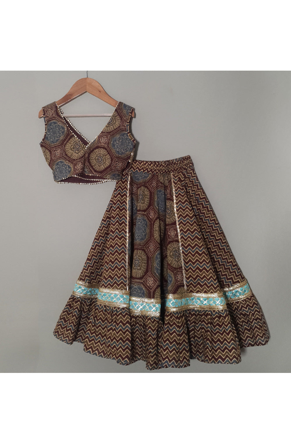 Brown Lace Detailing Cotton Top With Printed Lehenga Set