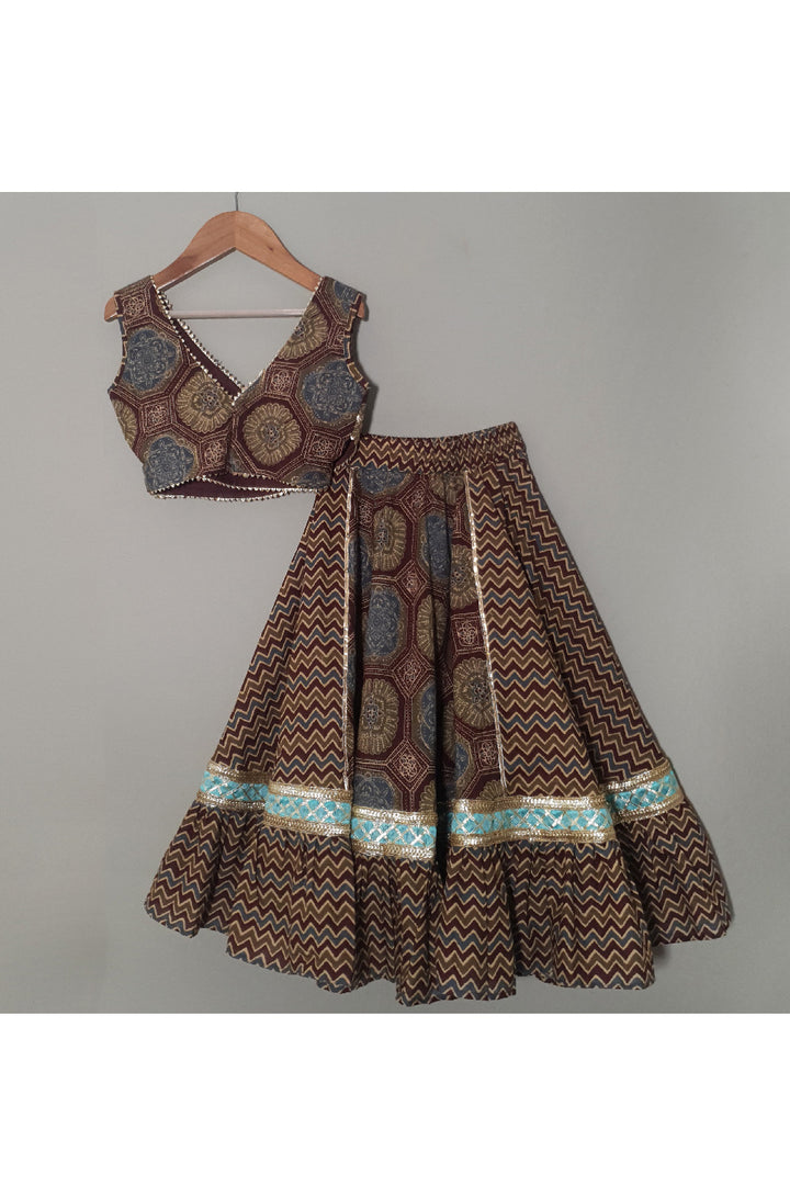 Brown Lace Detailing Cotton Top With Printed Lehenga Set