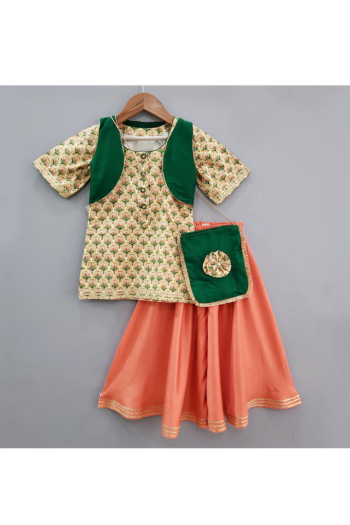 Multicolor Floral printed Kurta With Jacket And Divided Lehenga With Handbag