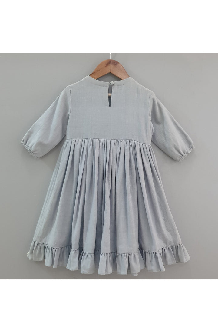 Lilac grey pintucks gathered and embroidered dress