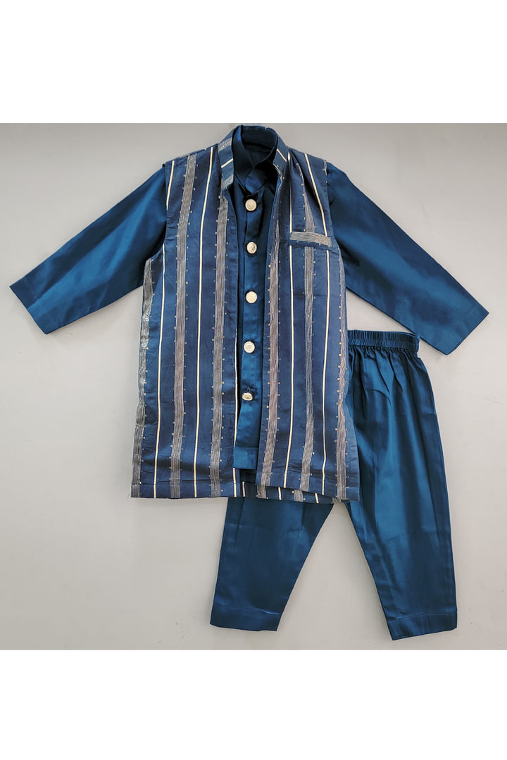 Blue Cotton Silk Kurta With Zari Stripe Jacket Set