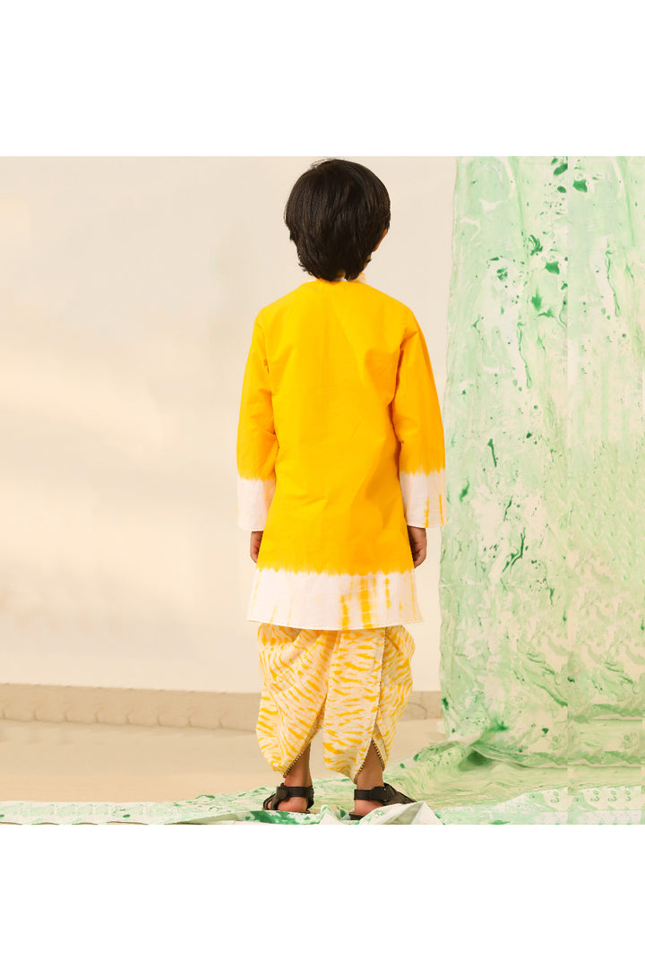Yellow And White Tie And Dye Cotton Kurta With Dhoti Set