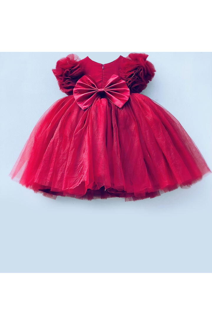 Red cut dana embroidered yoke with puffed sleeves dress