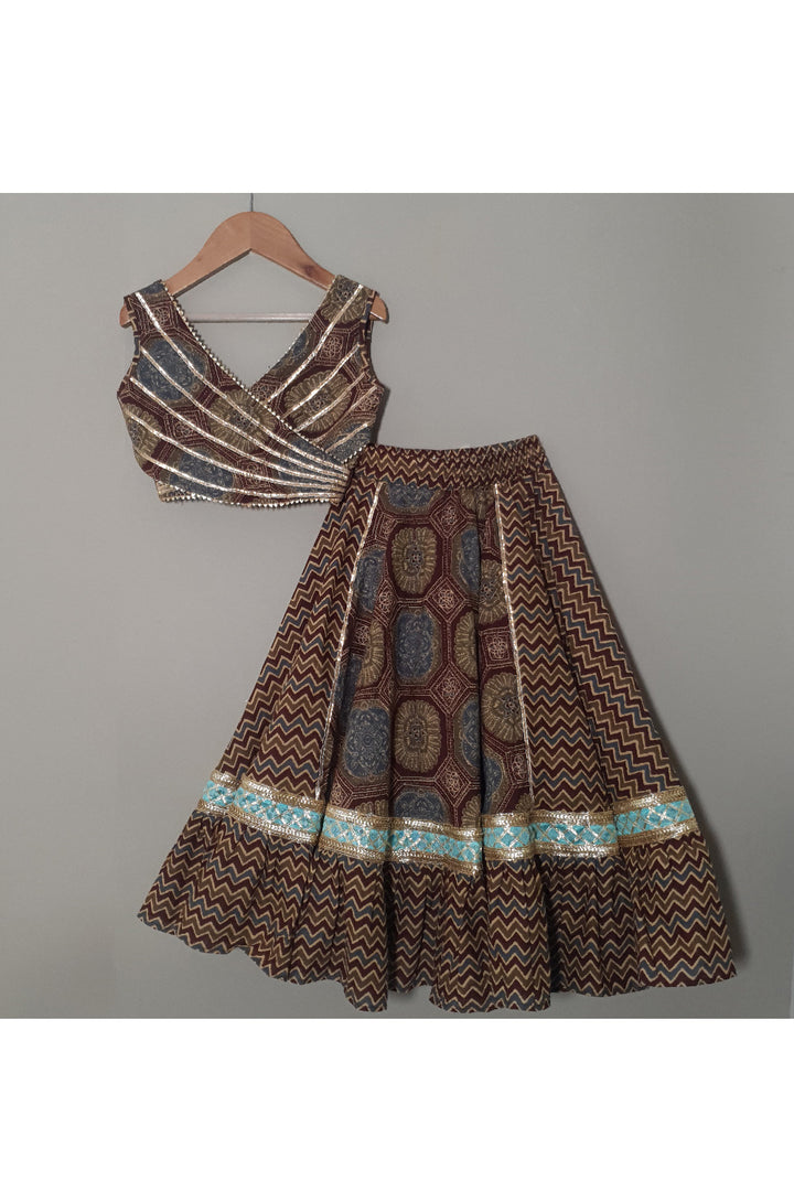 Brown Lace Detailing Cotton Top With Printed Lehenga Set