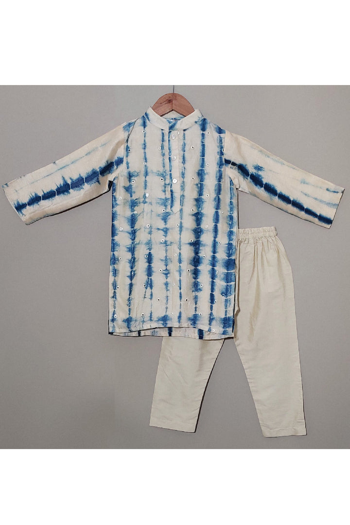 White And Blue Tie And Dye With Faux Mirror Detailing Kurta With Pyjama Set