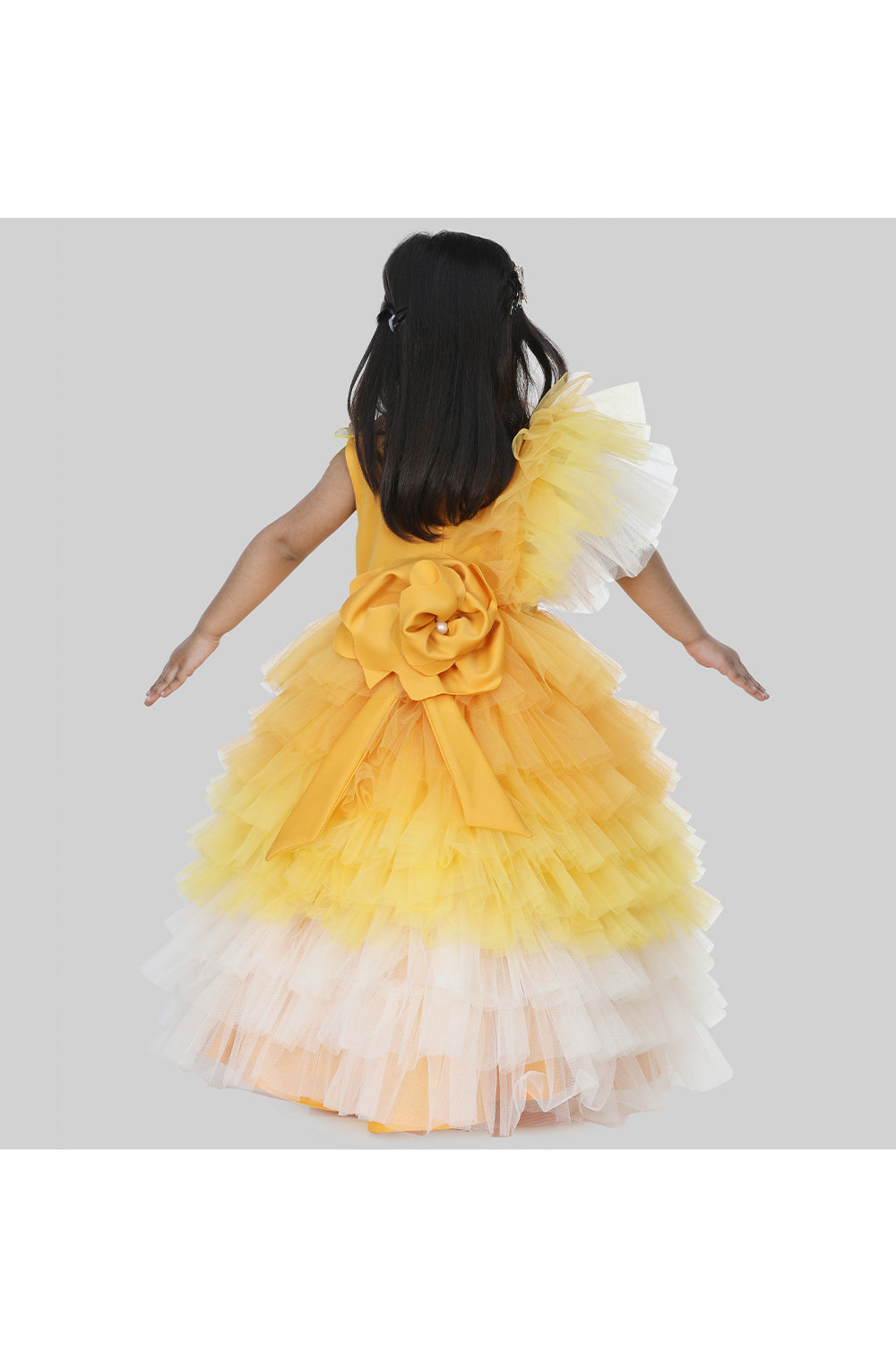 Mustard yellow pearl embellished frill gown