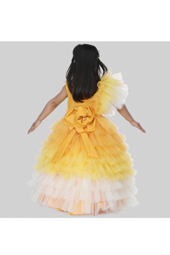 Mustard yellow pearl embellished frill gown