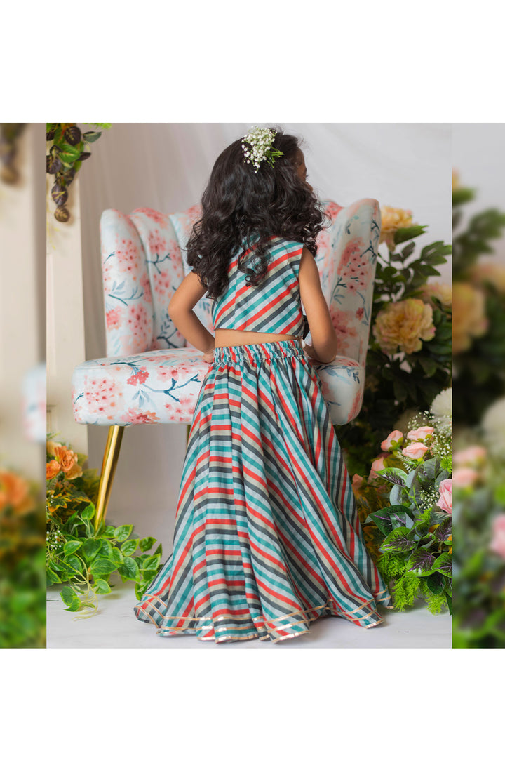 Multicolor Leheriya Printed Pleated Top With Lehenga Set