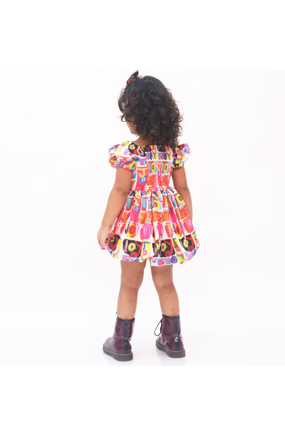 Multicolor joy printed knee length dress with hairband