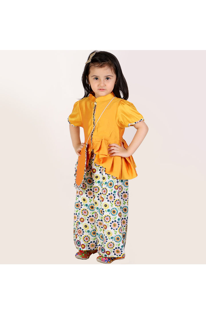 Yellow High Low Peplum Style Top And Printed Pant Set With Sling Bag