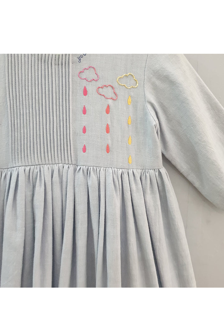 Lilac grey pintucks gathered and embroidered dress