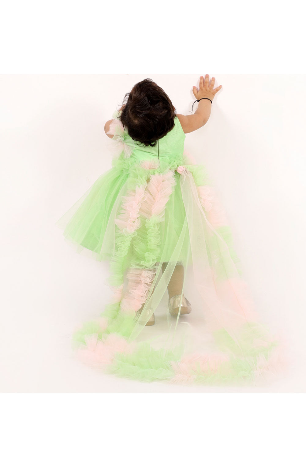 Green and pink butterfly dress with trail