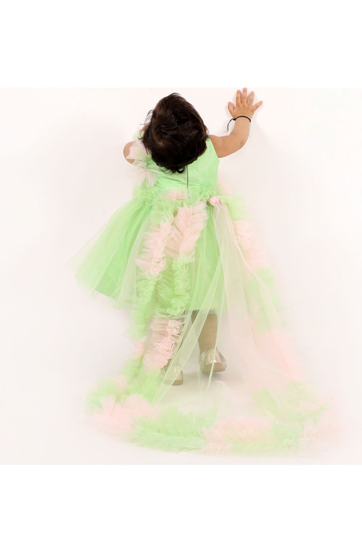 Green and pink butterfly dress with trail