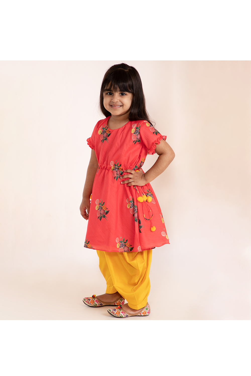 Peach printed kurti and yellow patiala set