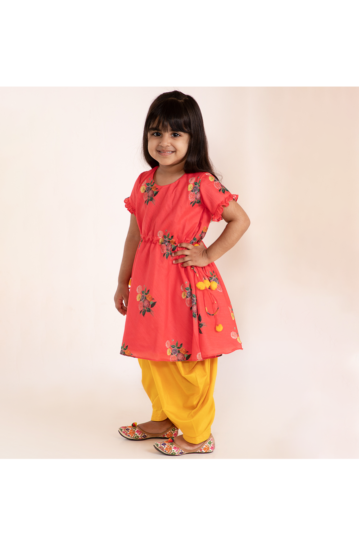 Peach printed kurti and yellow patiala set