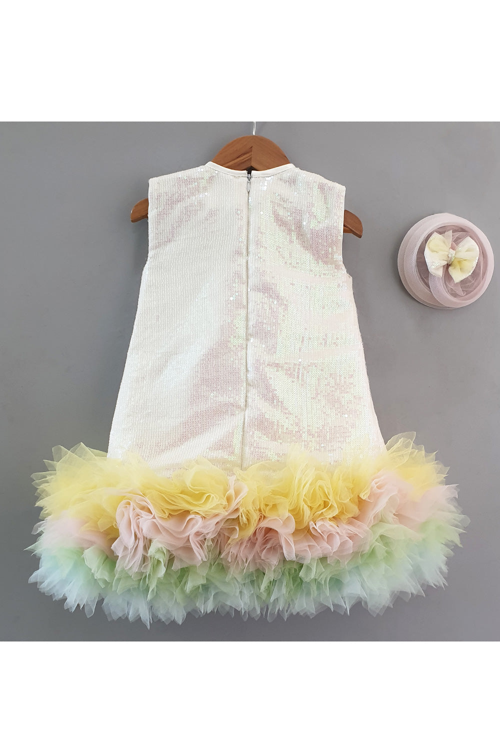 White Sequins Embroidered Bow Frill Dress