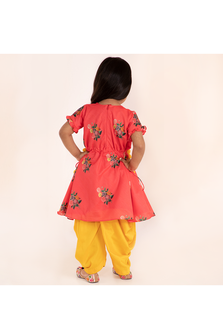 Peach printed kurti and yellow patiala set