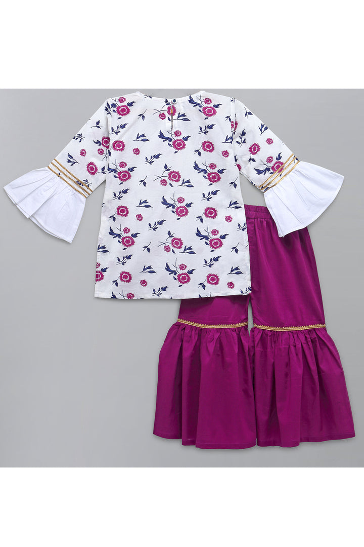 White Printed Kurta With Purple Sharara Set
