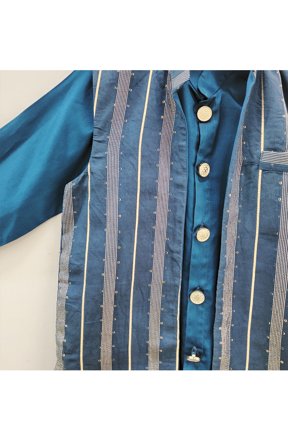 Blue Cotton Silk Kurta With Zari Stripe Jacket Set