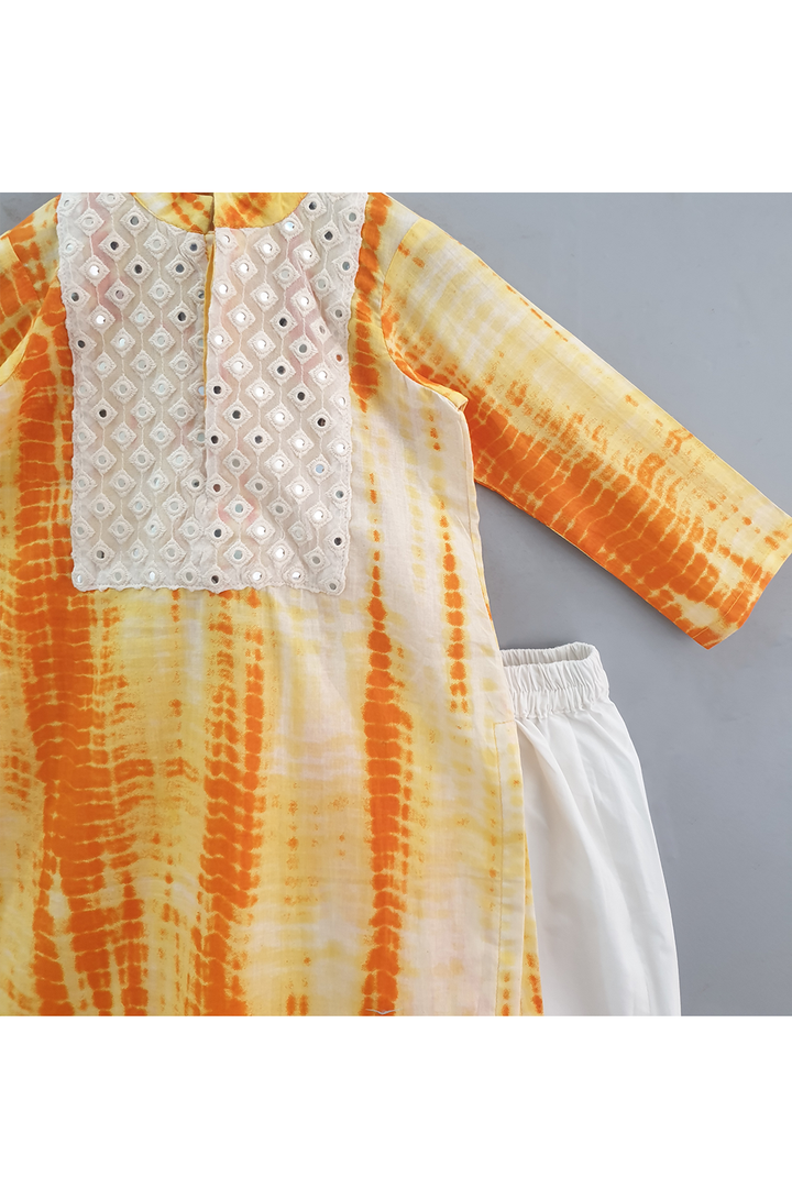 Mustard Yellow Tie And Dye Printed Kurta With Pyjama Set