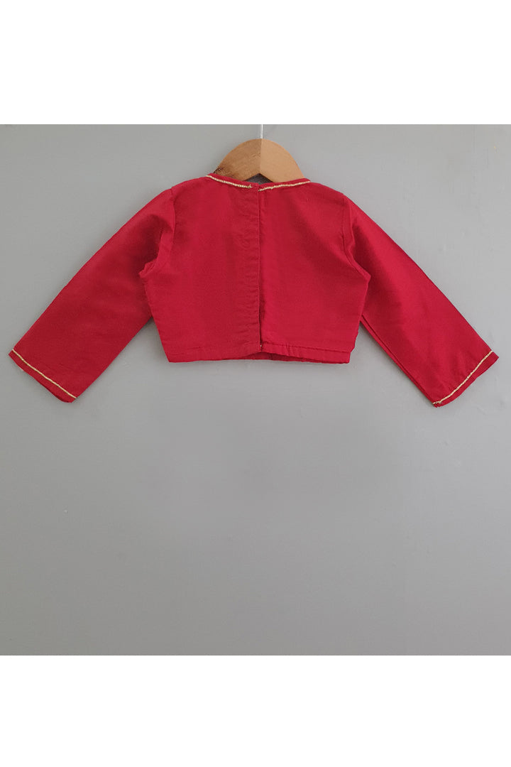 Red smocked tuck top with purple sequined ghagra