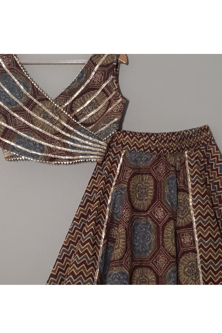 Brown Lace Detailing Cotton Top With Printed Lehenga Set