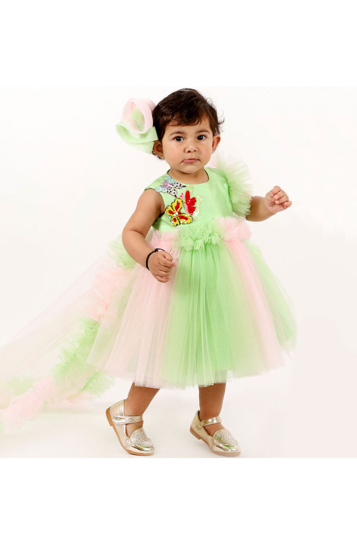Green and pink butterfly dress with trail