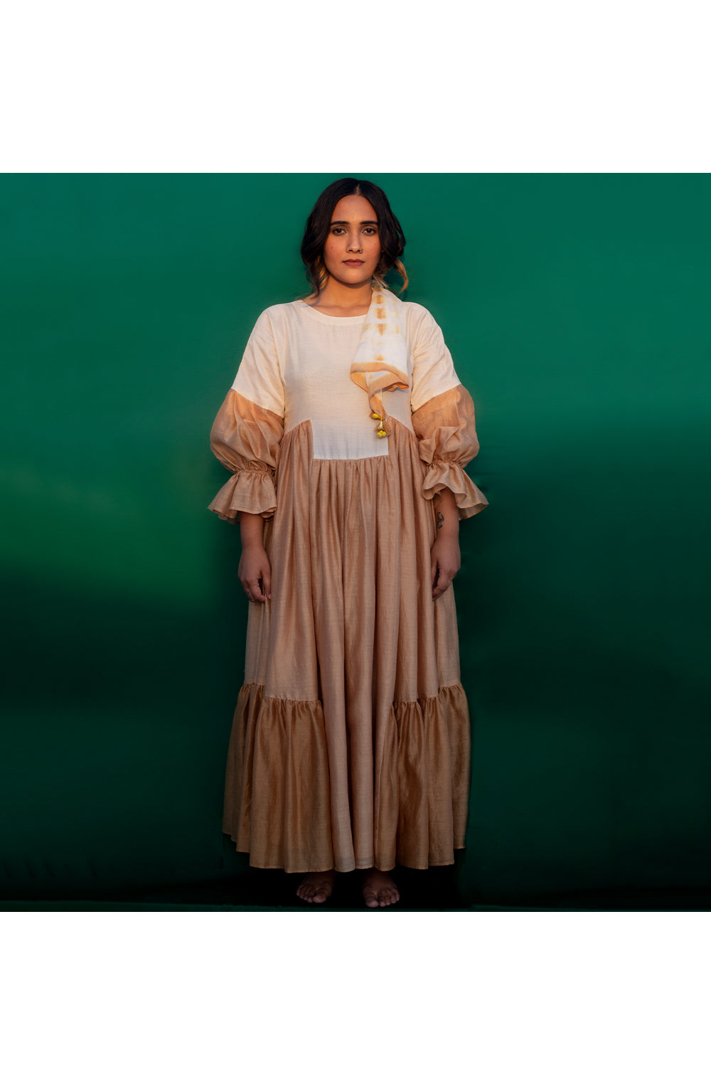Chanderi gathered dress with tie and dye stole