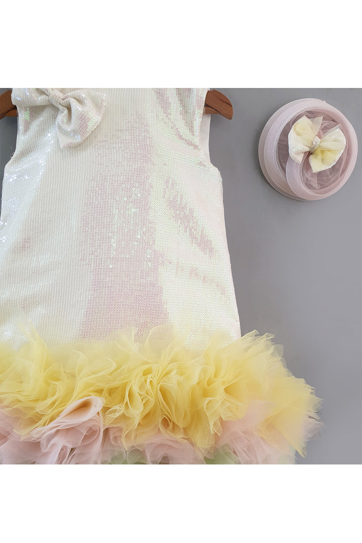 White Sequins Embroidered Bow Frill Dress