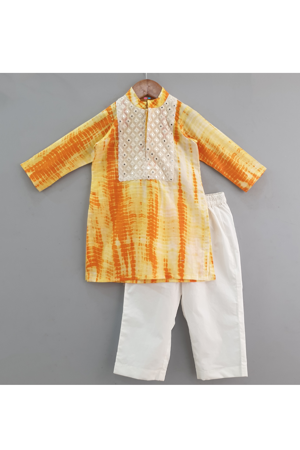Mustard Yellow Tie And Dye Printed Kurta With Pyjama Set