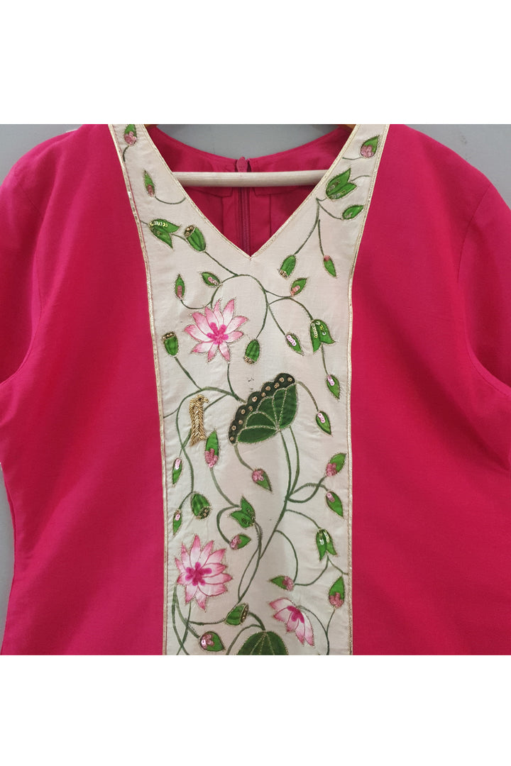 Fuchsia lotus hand painted kurta and sharara with dupatta